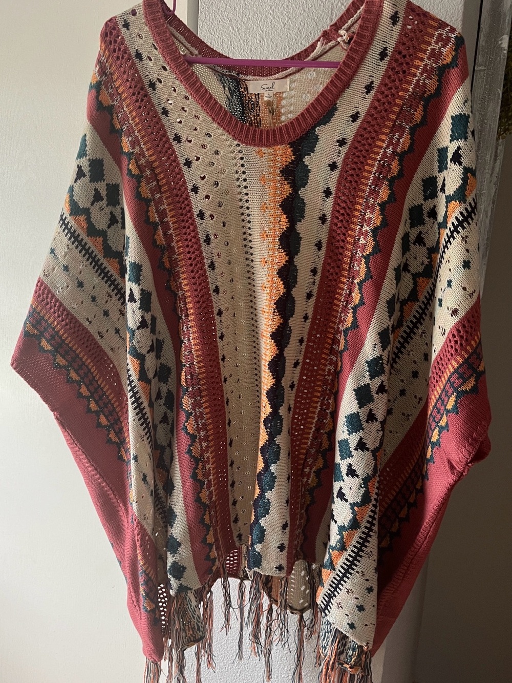 easel Open-Knit Striped Pullover in Cream, Rust, Navy & Mustard